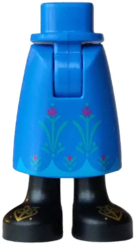 Mini Doll Hips and Skirt Long with Molded Black Legs / Boots and Printed Gold Hearts, Bright Green and Magenta Flowers, Medium Azure Trim Pattern - Thick Hinge
