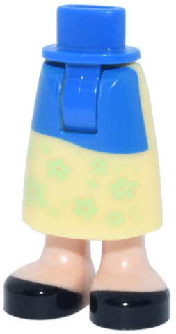 Mini Doll Hips and Bright Light Yellow Skirt Long with Molded Light Nougat Legs and Printed Blue Apron, Yellowish Green Flowers and Black Shoes Pattern - Thick Hinge