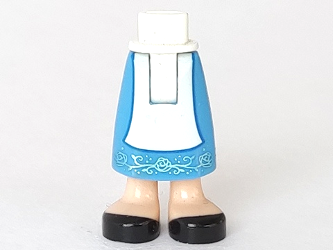 Mini Doll Hips and Medium Blue Skirt Long with Molded Light Nougat Legs and Printed White Apron, Metallic Light Blue Roses and Black Shoes Pattern - Thick Hinge