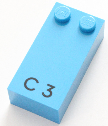 Brick, Braille 2 x 4 with 2 Studs with Black Capital Letter C / Number 3 Pattern (dots-14 ⠉)