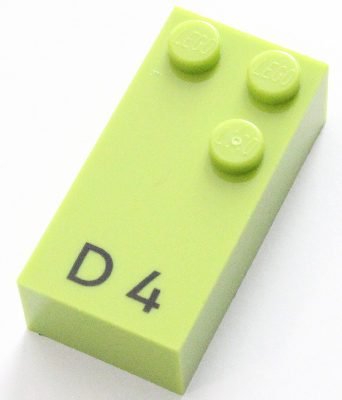Brick, Braille 2 x 4 with 3 Studs with Black Capital Letter D / Number 4 Pattern (dots-145 ⠙)