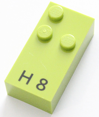 Brick, Braille 2 x 4 with 3 Studs with Black Capital Letter H / Number 8 Pattern (dots-125 ⠓)