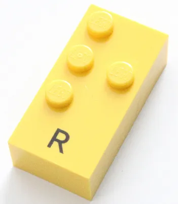 Brick, Braille 2 x 4 with 4 Studs with Black Capital Letter R Pattern (dots-1235 ⠗)
