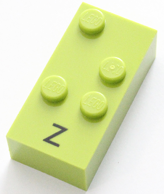 Brick, Braille 2 x 4 with 4 Studs with Black Capital Letter Z Pattern (dots-1356 ⠵)