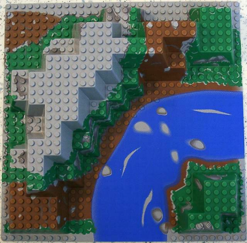 Baseplate, Raised 32 x 32 Canyon with Blue River with Rocks, Brown and Green Mountain Pattern
