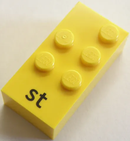 Brick, Braille 2 x 4 with 5 Studs with Black Lowercase Letters st Pattern (dots-23456 ⠾) (German)