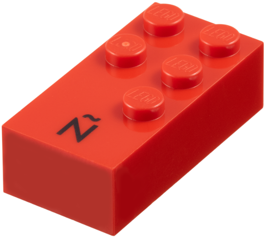 Brick, Braille 2 x 4 with 5 Studs with Black Capital Letter N with Tilde (Ñ) Pattern (dots-12456 ⠻) (Spanish, Guarani)