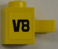 Brick, Modified 1 x 1 with U Clip (Vertical Grip) - Solid Stud with Black 'V8' Pattern Model Left Side (Sticker) - Set 8186
