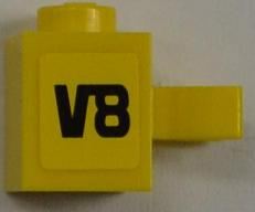 Brick, Modified 1 x 1 with U Clip (Vertical Grip) - Solid Stud with Black 'V8' Pattern Model Left Side (Sticker) - Set 8186