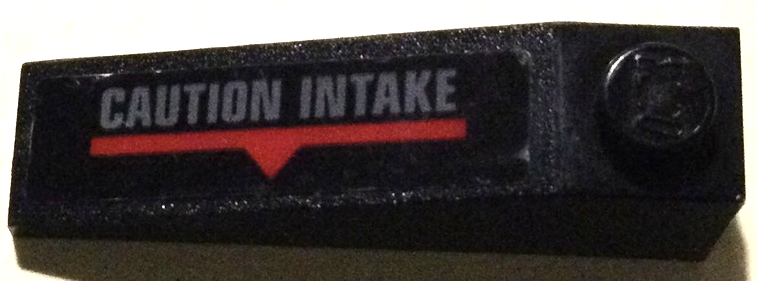 Slope 18 4 x 1 with Dark Bluish Gray 'CAUTION INTAKE', Red Line and Triangle Pattern Side A (Sticker) - Set 70916