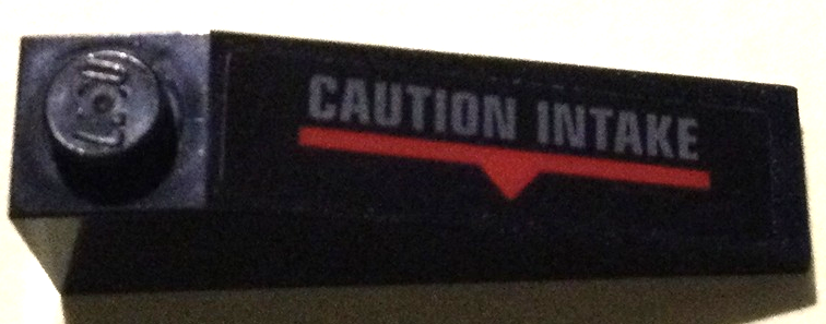 Slope 18 4 x 1 with Dark Bluish Gray 'CAUTION INTAKE', Red Line and Triangle Pattern Side B (Sticker) - Set 70916