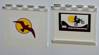 Panel 1 x 4 x 3 with Side Supports - Hollow Studs with Bird and Sun on Outside and Motorcycle on Inside Pattern (Stickers) - Set 4435