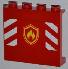 Panel 1 x 4 x 3 with Side Supports - Hollow Studs with Yellow and Red Fire Logo Badge and Red and White Danger Stripes Pattern (Sticker) - Set 4208