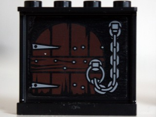 Panel 1 x 4 x 3 with Side Supports - Hollow Studs with Wooden Door and Chain Pattern on Inside (Sticker) - Set 10237