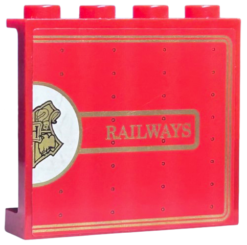 Panel 1 x 4 x 3 with Side Supports - Hollow Studs with Half Gold Hogwarts Crest in White Circle and 'RAILWAYS' Pattern (Sticker) - Set 4841