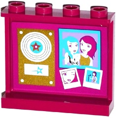 Panel 1 x 4 x 3 with Side Supports - Hollow Studs with Vinyl Record with Star on Gold Plaque and Photos Pattern on Inside (Sticker) - Set 41104