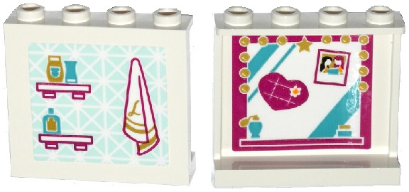 Panel 1 x 4 x 3 with Side Supports - Hollow Studs with Towel and Shelves on Outside and Mirror with Heart on Inside Pattern (Stickers) - Set 41135
