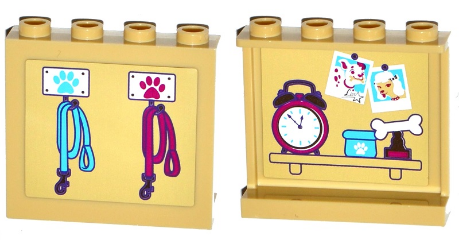 Panel 1 x 4 x 3 with Side Supports - Hollow Studs with Dog Leashes on Outside and Photos, Clock and Trophy on Inside Pattern (Stickers) - Set 41124