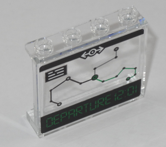 Panel 1 x 4 x 3 with Side Supports - Hollow Studs - with Train Map and 'DEPARTURE 12:01' on Transparent Background Pattern (Sticker) - Set 60197