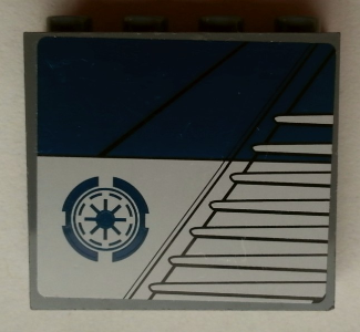Panel 1 x 4 x 3 with Side Supports - Hollow Studs with Dark Blue Rectangle and SW Galactic Republic Logo Pattern Model Left Side (Sticker) - Set 75046