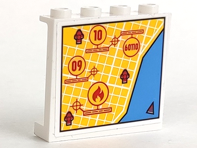 Panel 1 x 4 x 3 with Side Supports - Hollow Studs with Street Map, Fire Hydrant Locations, and '09', '10', '60110', and Flame in Circles Pattern (Sticker) - Set 60110