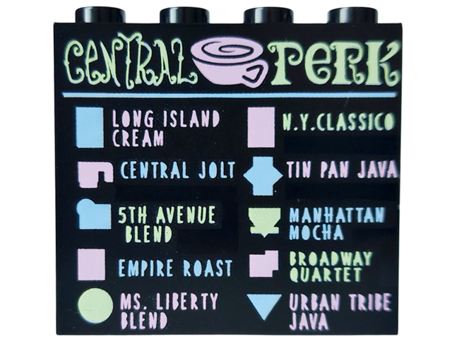 Panel 1 x 4 x 3 with Side Supports - Hollow Studs with 'CENTRAL PERK' Coffee Menu Pattern