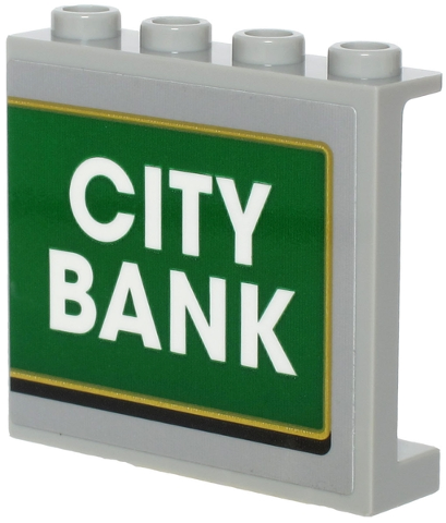 Panel 1 x 4 x 3 with Side Supports - Hollow Studs with White 'CITY BANK' on Green Background with Gold Outline Pattern (Sticker) - Set 60245