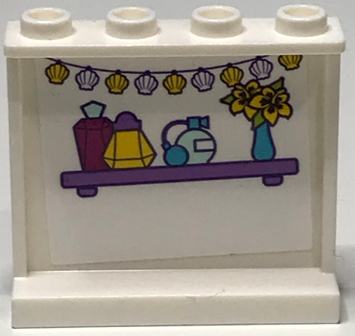 Panel 1 x 4 x 3 with Side Supports - Hollow Studs with Perfume Bottles and Flowers on Shelf and Seashells on String Pattern (Sticker) - Set 41317