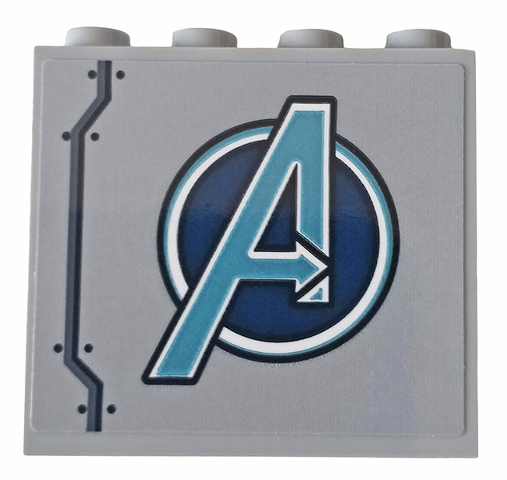 Panel 1 x 4 x 3 with Side Supports - Hollow Studs with Metallic Light Blue Avengers Logo and Six Rivets Pattern Model Right Side (Sticker) - Set 76143