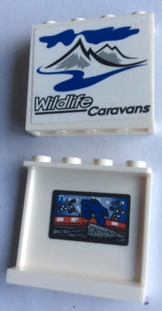 Panel 1 x 4 x 3 with Side Supports - Hollow Studs with 'Wildlife Caravans' on Outside and TV Screen Pattern on Inside (Stickers) - set 60182