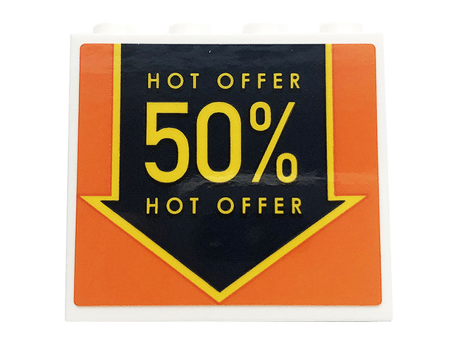 Panel 1 x 4 x 3 with Side Supports - Hollow Studs with Black Arrow on Orange Background and 'HOT OFFER 50%' Pattern (Sticker) - Set 60258