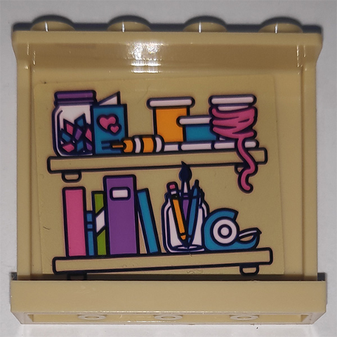 Panel 1 x 4 x 3 with Side Supports - Hollow Studs with Butterfly on Outside and Shelves with Books and Craft Supplies Pattern on Inside (Stickers) - Set 41340