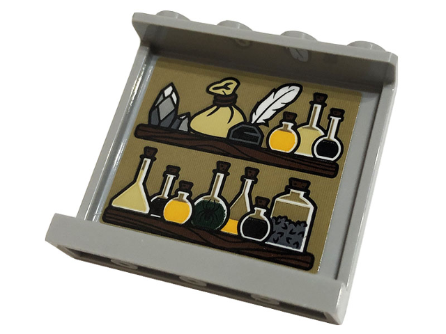 Panel 1 x 4 x 3 with Side Supports - Hollow Studs with Wooden Shelves, Bottles, Feather and Potions Pattern on Inside (Sticker) - Set 76383