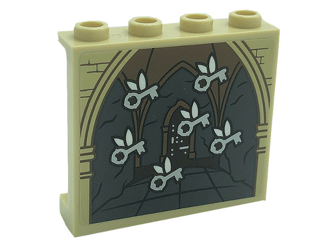 Panel 1 x 4 x 3 with Side Supports - Hollow Studs with Flying Keys, Arch and Bricks Pattern (Sticker) - Set 71043