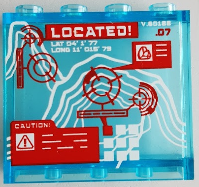 Panel 1 x 4 x 3 with Side Supports - Hollow Studs with Red Crosshairs, 'LOCATED!' and 'CAUTION!' on White Map Pattern (Sticker) - Set 60188