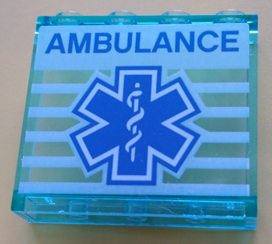 Panel 1 x 4 x 3 with Side Supports - Hollow Studs with Blue 'AMBULANCE' and EMT Star of Life on White Striped Background Pattern (Sticker) - Set 60204