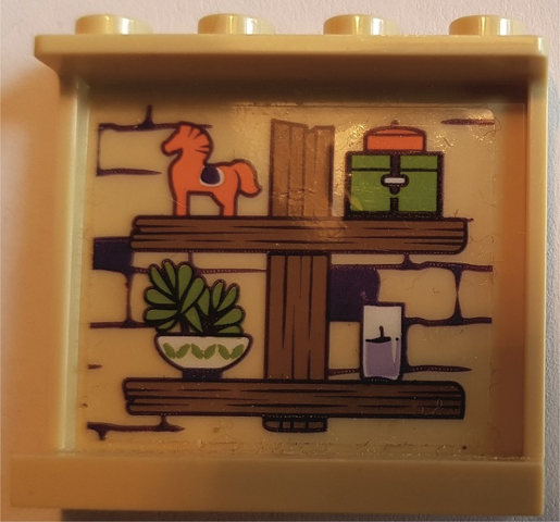 Panel 1 x 4 x 3 with Side Supports - Hollow Studs with Wooden Shelves with Toy and Pot Pattern (Sticker) - Set 41369