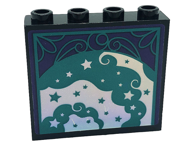 Panel 1 x 4 x 3 with Side Supports - Hollow Studs with Dark Turquoise and Silver Stars and Swirls on Dark Purple Background Pattern 1 (Sticker) - Set 41685