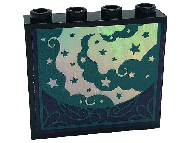 Panel 1 x 4 x 3 with Side Supports - Hollow Studs with Dark Turquoise and Silver Stars and Swirls on Dark Purple Background Pattern 2 (Sticker) - Set 41685