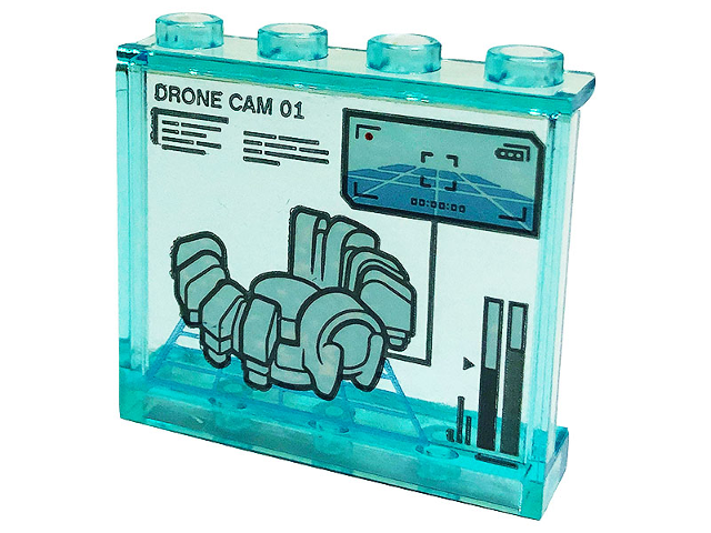 Panel 1 x 4 x 3 with Side Supports - Hollow Studs with Display Screen with 'DRONE CAM 01', Spider and Bar Chart Pattern (Sticker) - Set 76175