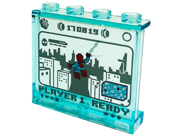 Panel 1 x 4 x 3 with Side Supports - Hollow Studs with Display Screen with Spider-Man, 'PLAYER 1 READY', '170819' and City Skyline Pattern (Sticker) - Set 76175