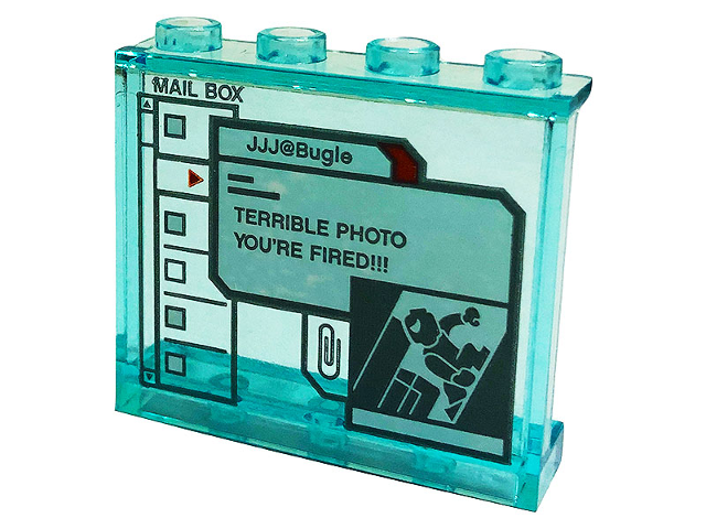 Panel 1 x 4 x 3 with Side Supports - Hollow Studs with Display Screen with 'MAIL BOX', 'JJJ@Bugle', 'TERRIBLE PHOTO YOU'RE FIRED!!!' and Spider-Man Pattern (Sticker) - Set 76175