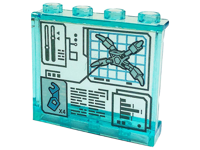 Panel 1 x 4 x 3 with Side Supports - Hollow Studs with Display Screen with 'X4', Writing, Mechanical Arms with Barbs and Bar Chart Pattern (Sticker) - Set 76175