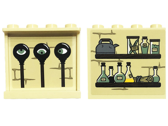 Panel 1 x 4 x 3 with Side Supports - Hollow Studs with Bricks, Jars, Bottles and Kettle on Shelf on Outside and Eyes on Inside Pattern (Sticker) - Set 76397