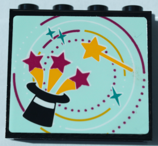 Panel 1 x 4 x 3 with Side Supports - Hollow Studs with Bright Light Orange Magic Wand and Black Top Hat with Magenta Stars on Light Aqua Background Pattern (Sticker) - Set 41368