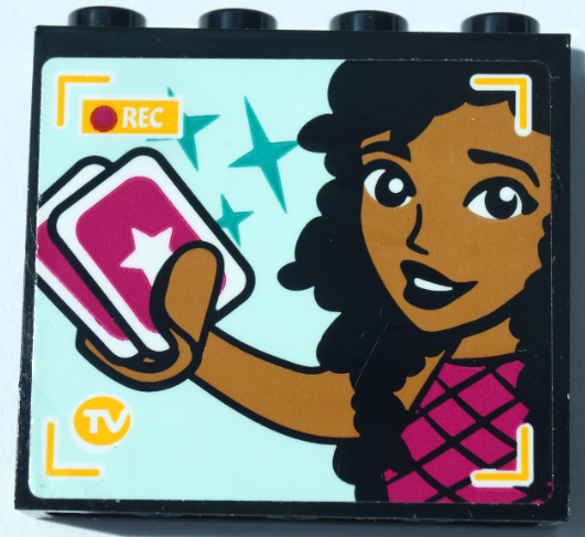 Panel 1 x 4 x 3 with Side Supports - Hollow Studs with Friends Minifigure Holding Playing Cards, 'REC' and Dark Turquoise Stars on TV Screen Pattern (Sticker) - Set 41368