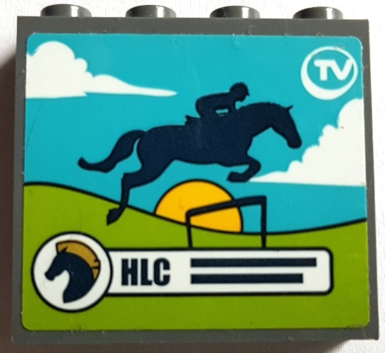 Panel 1 x 4 x 3 with Side Supports - Hollow Studs with 'HLC' and Jumping Horse on TV Screen Pattern (Sticker) - Set 41367