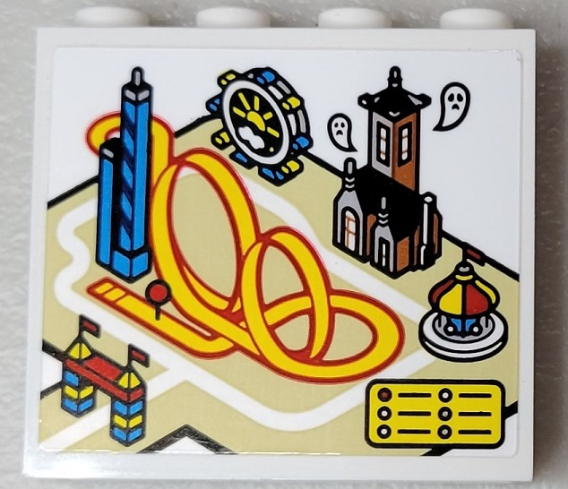 Panel 1 x 4 x 3 with Side Supports - Hollow Studs with Amusement Park Map with Loop Coaster, Haunted House, Ferris Wheel and Carousel Pattern (Sticker) - Set 10303