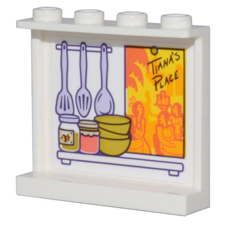 Panel 1 x 4 x 3 with Side Supports - Hollow Studs with Kitchen Spoons, Bowls, and Jars and Orange Poster 'TIANA'S PLACE' Pattern (Sticker) - Set 43205