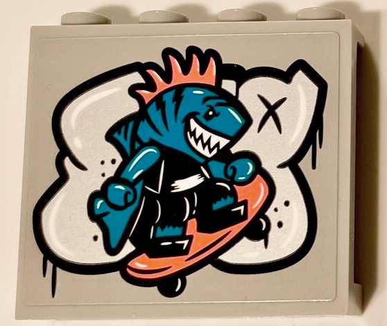 Panel 1 x 4 x 3 with Side Supports - Hollow Studs with Silver Graffiti and Shark Singer Minifigure on Skateboard Pattern (Sticker) - Set 60290